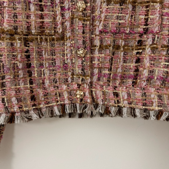 Adrienne Landau ONYX Crystal Tweed Jacket in Pink, Tan Gold Sequins Size M EUC - Picture 7 of 16